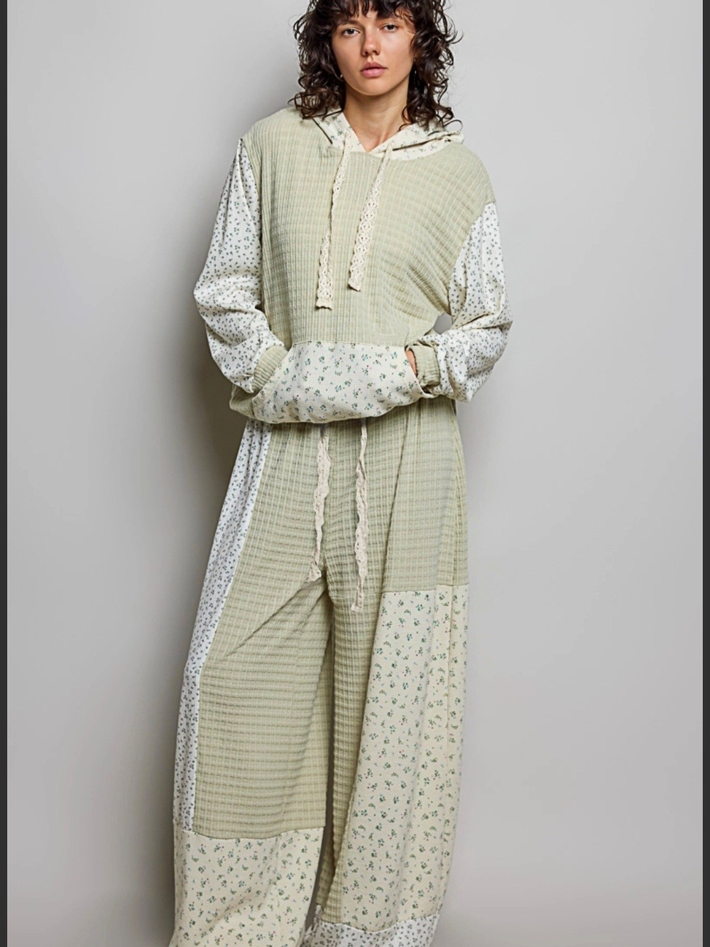 POL New Fall Set Olive Green & Cream Patchwork Hoodie And Jogger Set